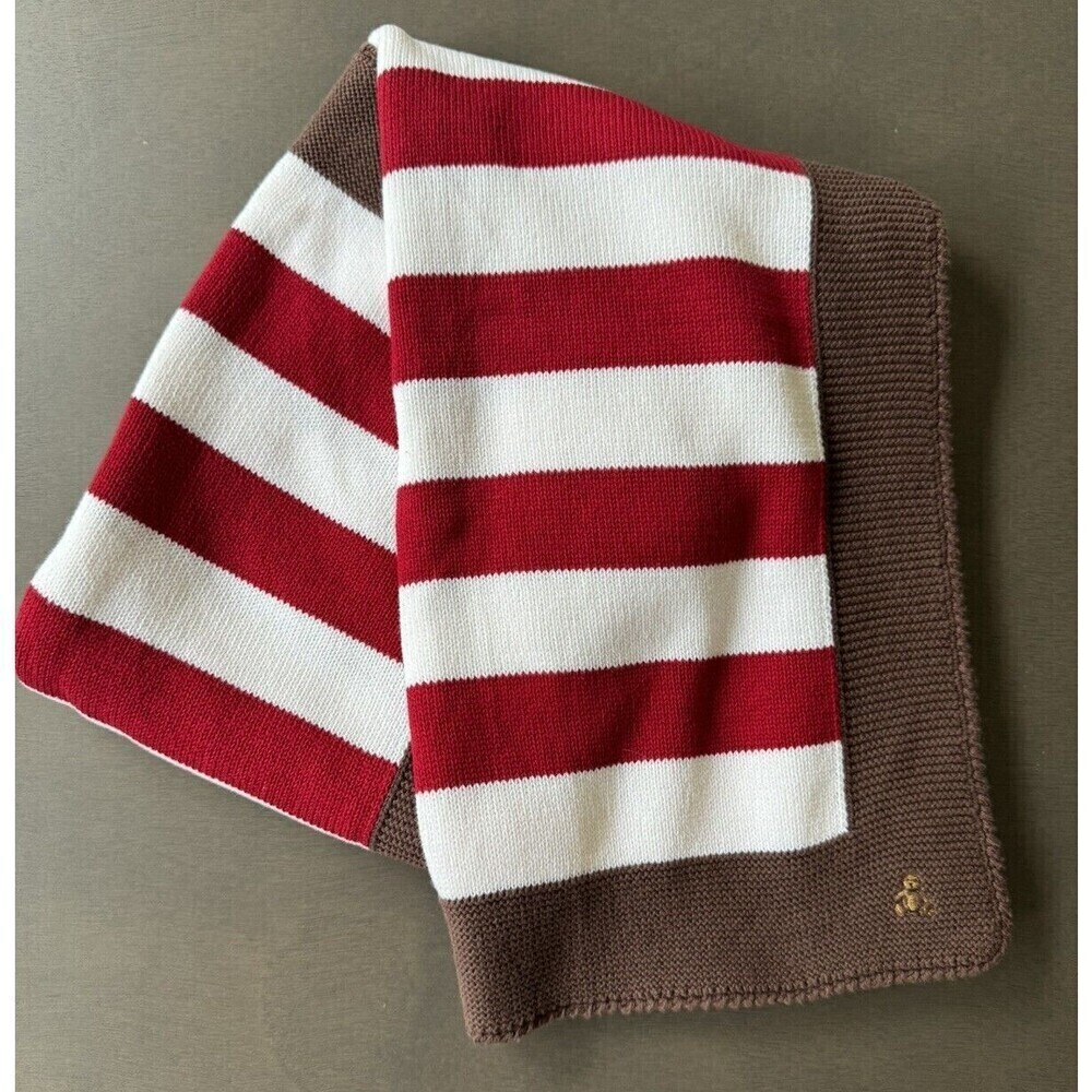 Baby Gap Red White Stripe Cotton Knit Blanket Brown Trim Brannan Teddy Bear 2007